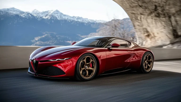 Red sports car with gold wheels drives along a highway, mountain landscape in the background.