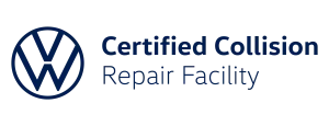 Volkswagen Certified Collision Repair Facility logo with blue VW emblem and text